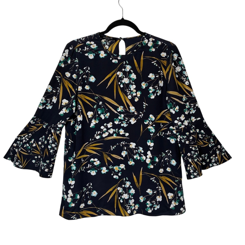 Lafayette 148 Silk Bell Sleeve Blouse Womens Size S Navy Floral